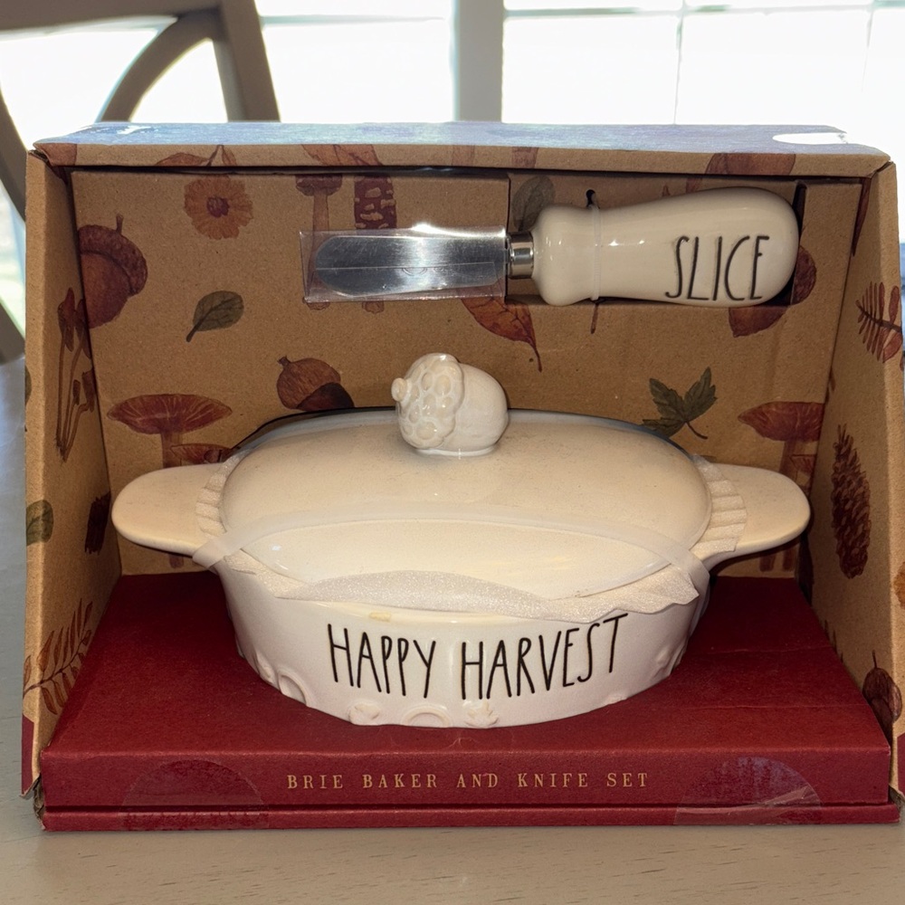Rae Dunn Happy Harvest Brie Baker and Knife Set